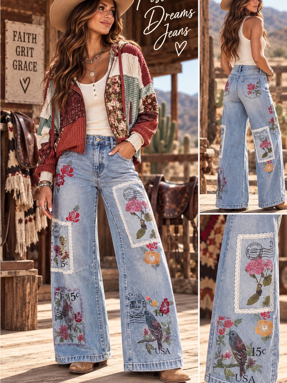 Oli & Hali Cross-stitch Postal Patchwork Wide-Leg Jeans - Light Blue